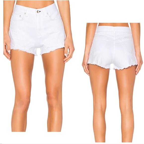 RAG & BONE Justine embroidered hi rise white stretch denim cut off shorts 25 NWT